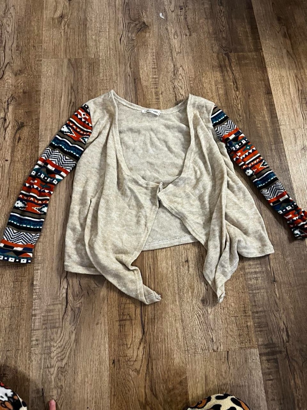 Boho Neutral Draped Cardigan with Patterned Aztec Sleeves